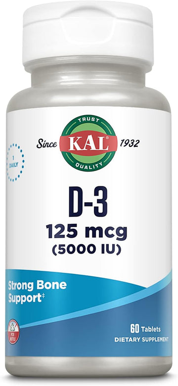 Kal Vitamin D3 5000 Iu 125 Mcg, High Potency Vitamin D Tablets, Calcium Absorption, Bone Health And Immune Support Supplement, Rapid Disintegration D-3 Activtabs, 60-Day Guarantee, 60 Serv, 60 Tablets