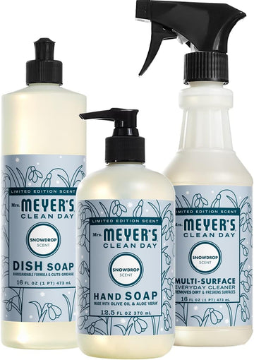 Mrs. Meyer's Kitchen Set, Dish Soap, Hand Soap, and Multi-Surface Cleaner, 3 CT (Snowdrop)