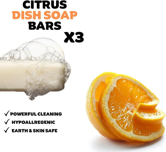 Citrus Essential Oil Dish Soap Bar - Organic - Pack of 3 (3.8 oz each), Skin-Safe, Non-Toxic, Sustainable Kitchen Soap - Zero Waste