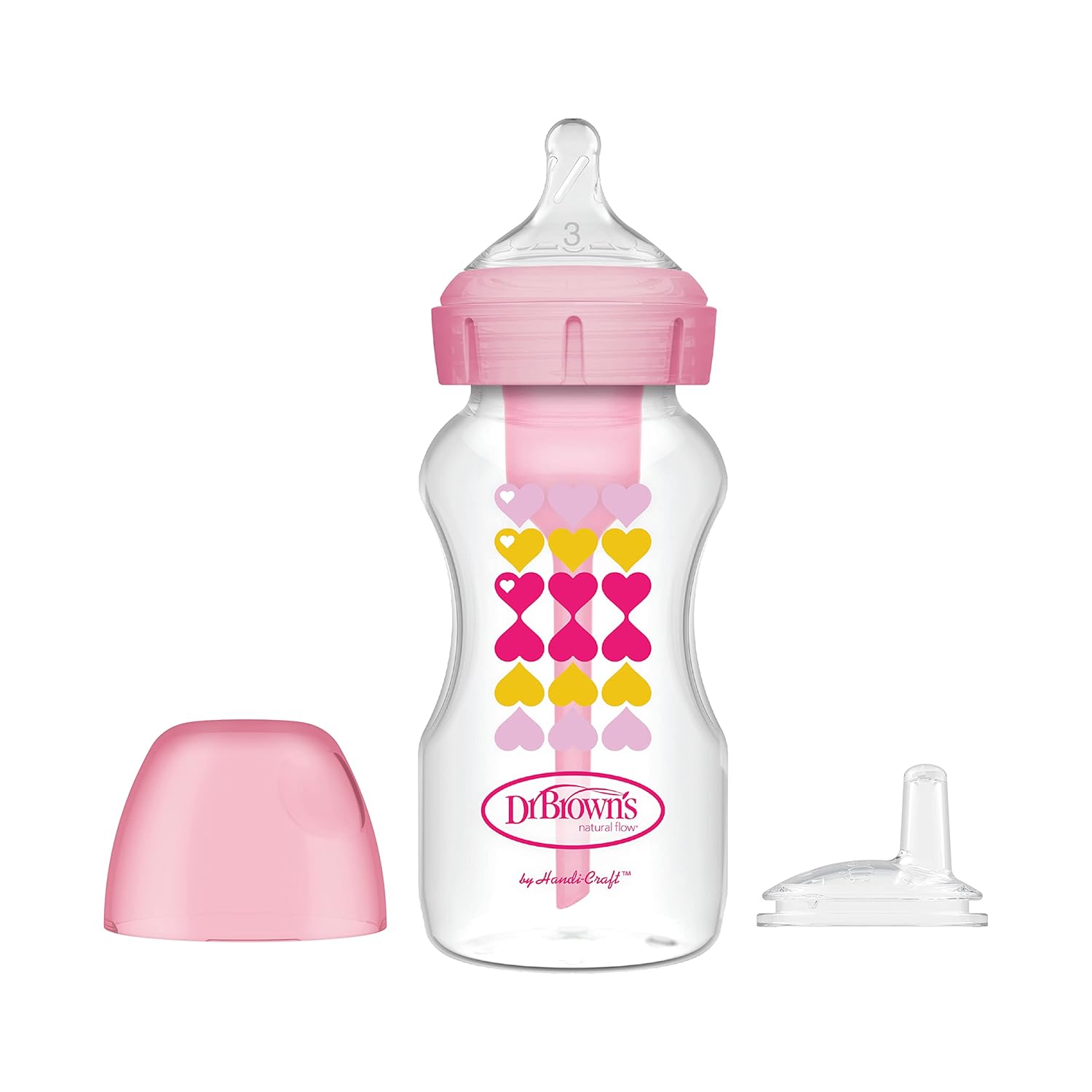 Dr. Brown'S Natural Flow Anti-Colic Options+Wide-Neck Sippy Bottle Starter Kit, 9Oz/270Ml, With Level 3 Medium-Fast Flow Nipple And 100% Silicone Soft Sippy Spout, Pink, 6M+