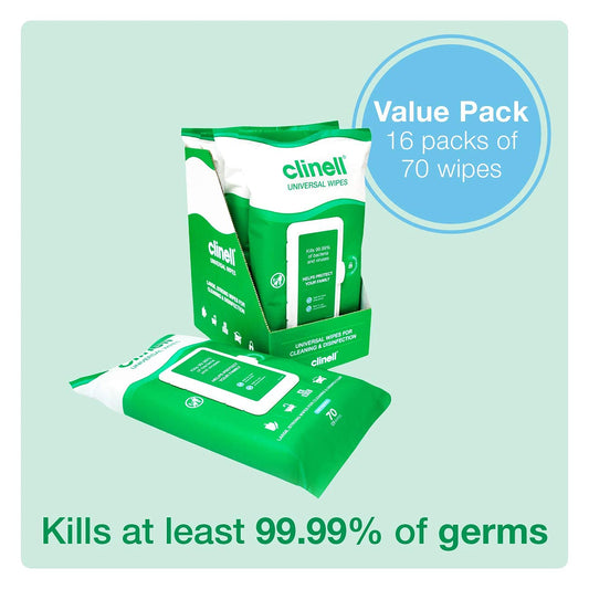 Clinell Universal Cleaning And Disinfecting Wipes For Home - Pack Of 16 - 70 Xl Wipes Per Pack (1120 Wipes) - With Moisture Lock Lid - Kills 99.99% Of Germs, Antimicrobial, Quick Action