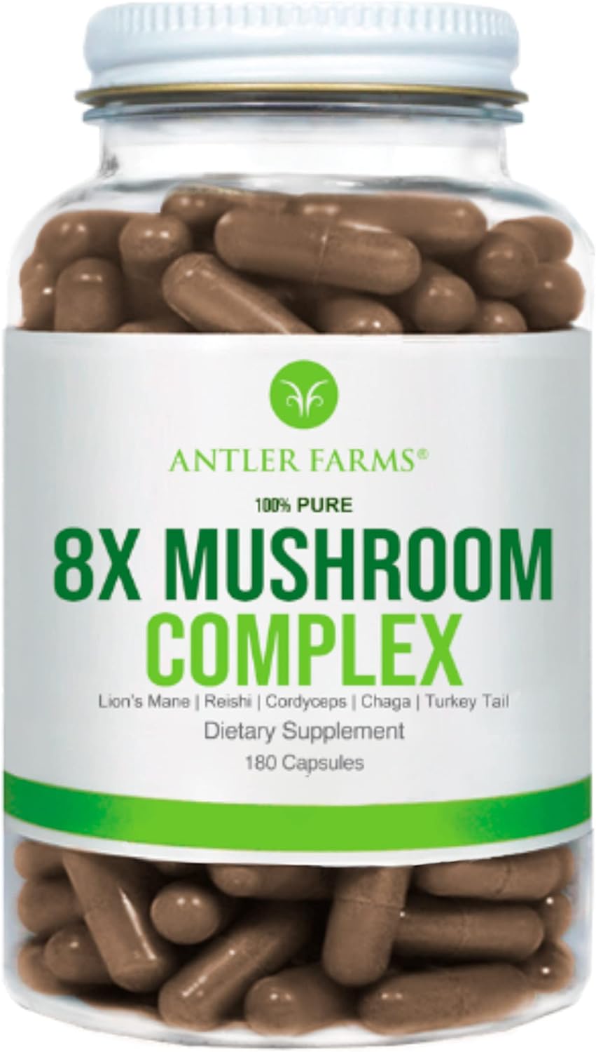 Antler Farms - 100% Pure 8X Mushroom Complex, Equiv. to 12,600mg - Organic Five Mushroom Blend of Concentrated 8:1 Extracts - Lion's Mane, Reishi, Cordyceps, Chaga, Turkey Tail, Fruiting Bodies Only