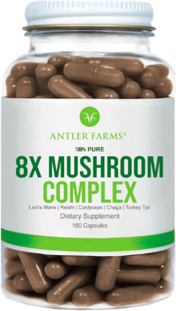 Antler Farms - 100% Pure 8X Mushroom Complex, Equiv. to 12,600mg - Organic Five Mushroom Blend of Concentrated 8:1 Extracts - Lion's Mane, Reishi, Cordyceps, Chaga, Turkey Tail, Fruiting Bodies Only