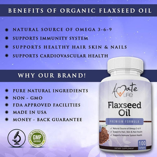 Amate Life Flaxseed Oil Softgels 1000mg with Omega 3 6 9 Made Organic