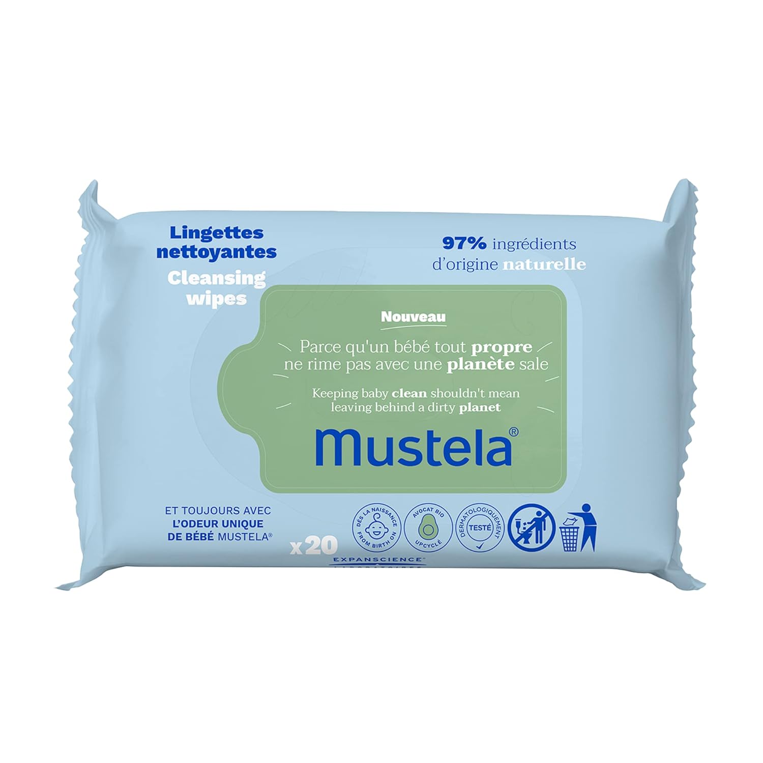 Mustela Baby Cleansing Wipes With Natural Avocado - For Face, Body & Diaper Area - Made With Compostable & Plastic Free Fibers - Lightly Scented - 20 Or 60 Ct. - 1, 3 Or 6-Pack