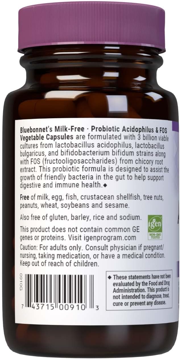 Bluebonnet Nutrition Milk-Free Probiotic Acidophilus & Fos, Digestive Health*, Immune Health*, Gluten-Free, Soy-Free, Dairy-Free, 50 Vegetable Capsules, 50 Servings