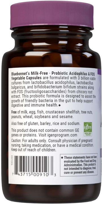 Bluebonnet Nutrition Milk-Free Probiotic Acidophilus & Fos, Digestive Health*, Immune Health*, Gluten-Free, Soy-Free, Dairy-Free, 50 Vegetable Capsules, 50 Servings