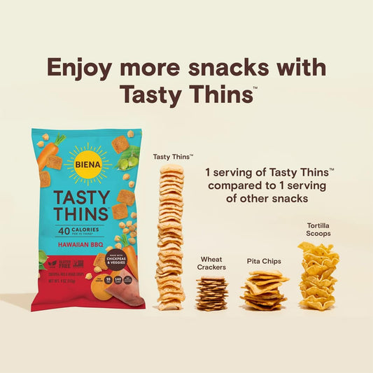 BIENA Tasty Thins Veggie Crisps – Variety Pack of 6, 2 Bags of Each Flavor, 4 oz Bags – Hawaiian BBQ, Nacho Cheese & Himalayan Pink Salt Chickpea Crisps – Healthy Snacks for Adults and Kids