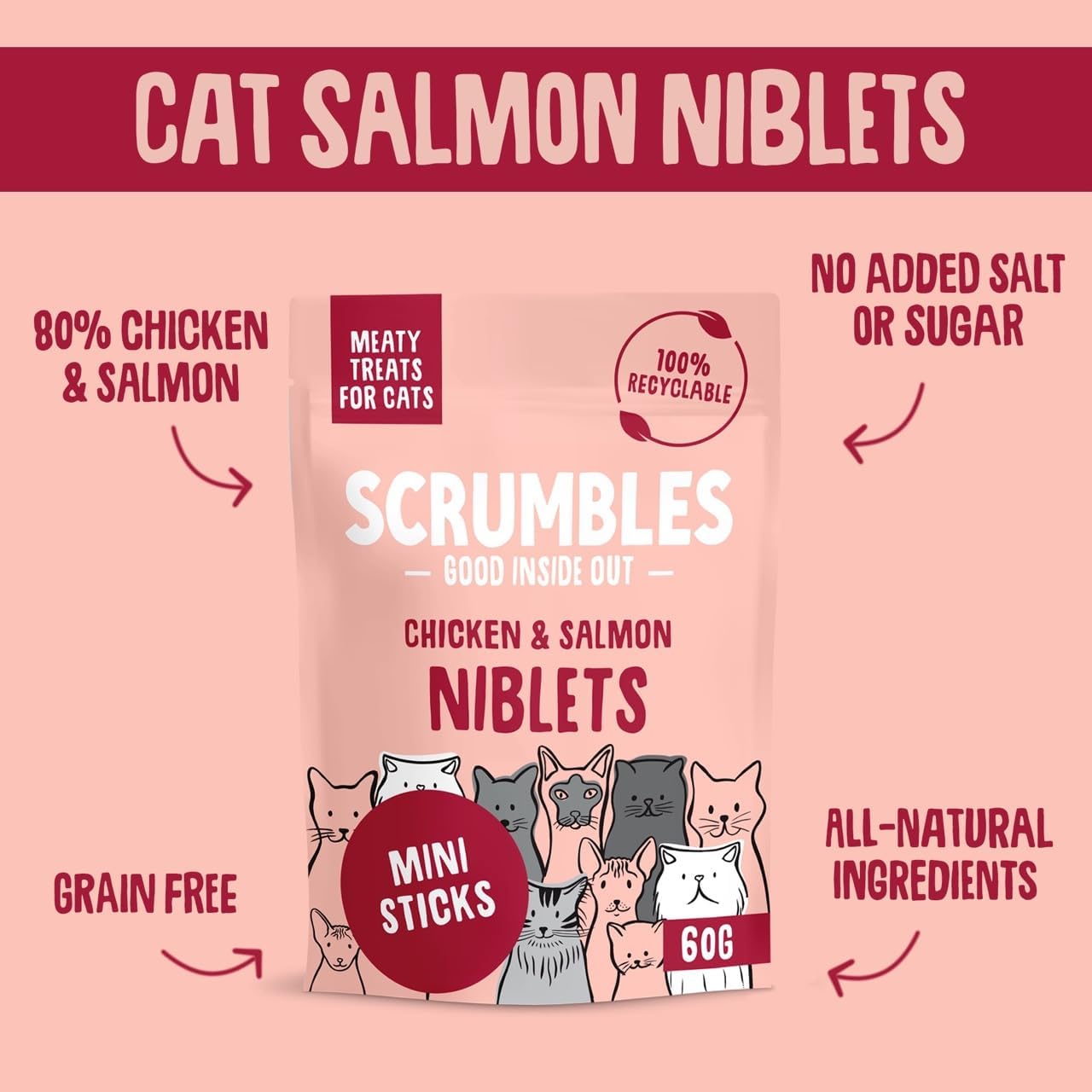 Scrumbles Meaty Treats for Cats, Air Dried Salmon Niblets Treats 50g :Pet Supplies