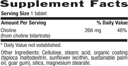 Country Life Choline 266Mg, 100 Tablets, Certified Gluten Free, Certified Vegan, Certified Halal
