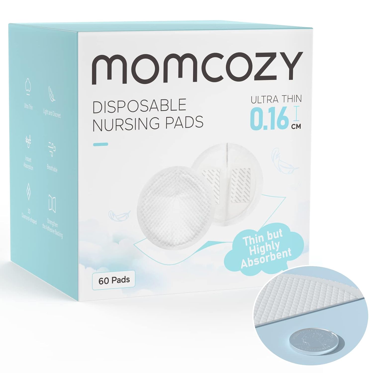 Momcozy Ultra-Thin Disposable Nursing Pads, Ultra-Absorbent And Breathable Portable Breast Pads For Mothers, Keep Dry Continuously, Make Breasts Light And Unburdened, Individually Packaged60 Count