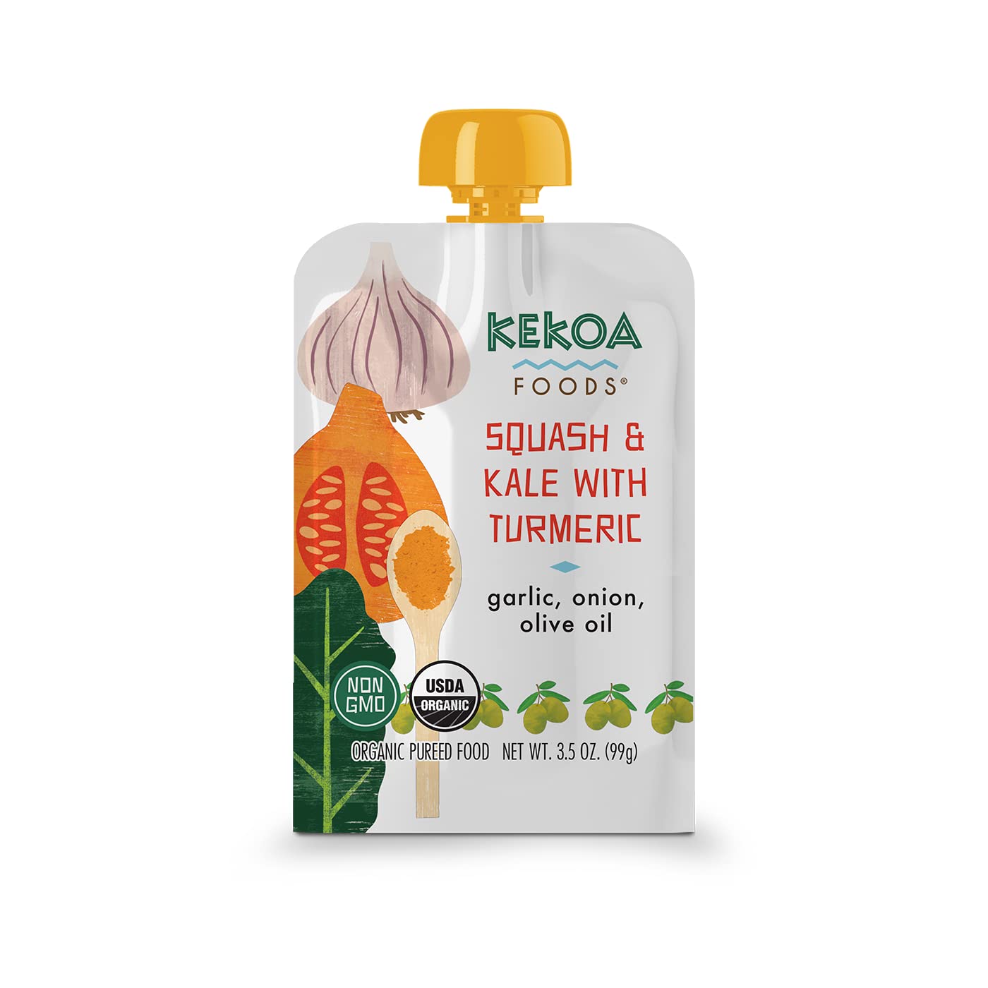 Kekoa Foods Squash & Kale With Turmeric Baby Food Purée | 100% Usda Certified-Organic Vegetarian Squeeze Pouch | Organic, Non-Gmo, Gluten-Free, Vegan | Flavorful & Nutritious First Food For Babies | 3.5 Oz
