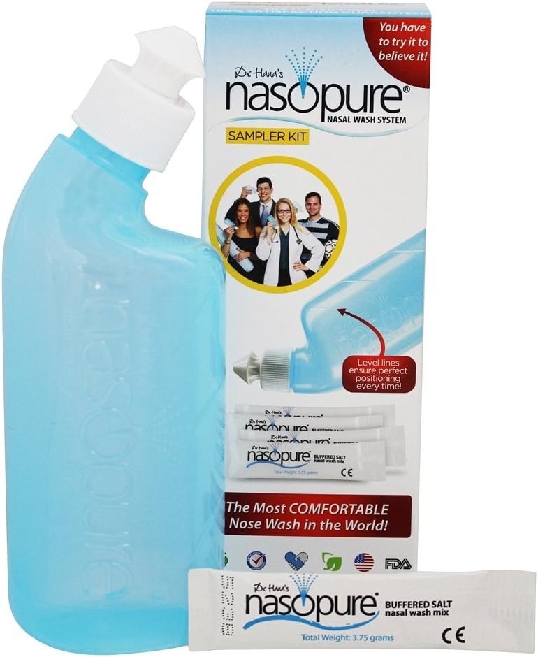 Nasopure Nasal Wash, Sampler Kit, “The Nicer Neti Pot” Sinus Wash Kit, Comfortable Nasal Rinse 8 Oz Bottle & 4 Salt Packets (3.75 Grams Each), Nasal Congestion, Cold, Flu, Allergy, Nasal Irrigation