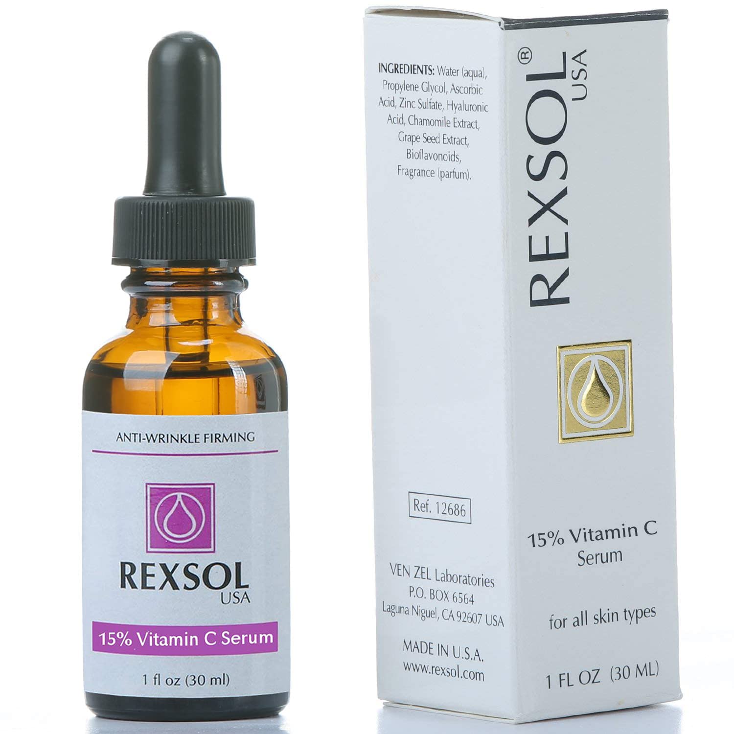 Rexsol 15% Vitamin C Serum - Anti-Wrinkle Firming Formula With Hyaluronic Acid - 30Ml / 1 Fl Oz : Beauty & Personal Care