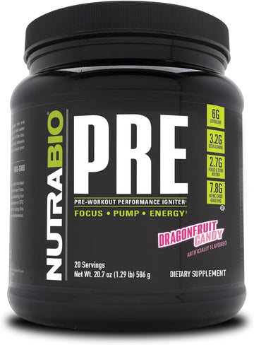 NutraBio PRE Workout Powder - Sustained Energy, Mental Focus, Endurance - Clinically Dosed Formula - Beta Alanine, Creatine, Caffeine, Electrolytes - 20 Servings - Dragonfruit Candy