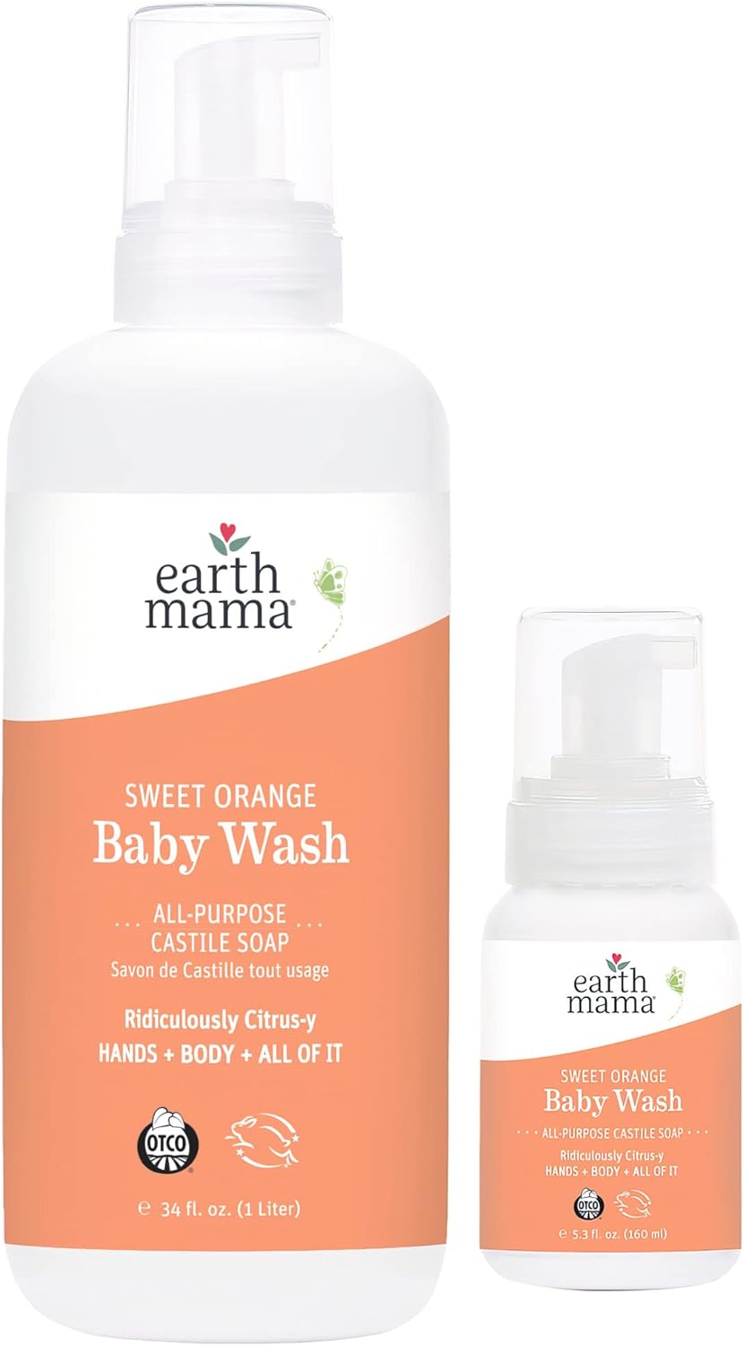 Earth Mama Sweet Orange Baby Wash Liquid Foaming Hand Soap Refill, Organic All Purpose Body Wash, Sensitive Skin Castile Soap With Coconut Oil, Shea Butter, Calendula, & Aloe, 5.3 Fl Oz & Liter