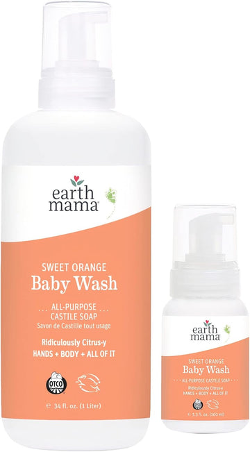 Earth Mama Sweet Orange Baby Wash Liquid Foaming Hand Soap Refill, Organic All Purpose Body Wash, Sensitive Skin Castile Soap With Coconut Oil, Shea Butter, Calendula, & Aloe, 5.3 Fl Oz & Liter