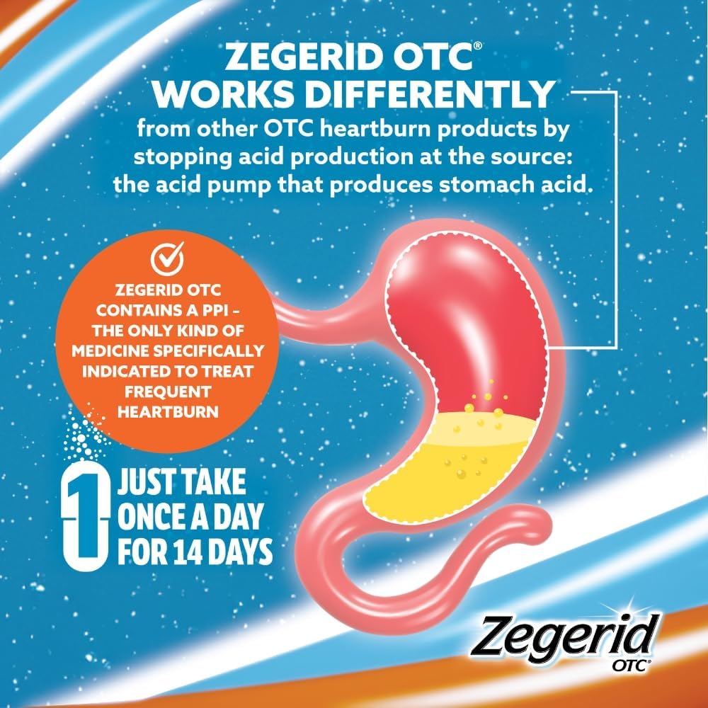 Zegerid Otc, Omeprazole Plus Sodium Bicarbonate, 24 Hour, Proton Pump Inhibitor (Ppi), Heartburn Medicine, Acid Reducer, Two 42Ct Cartons : Health & Household