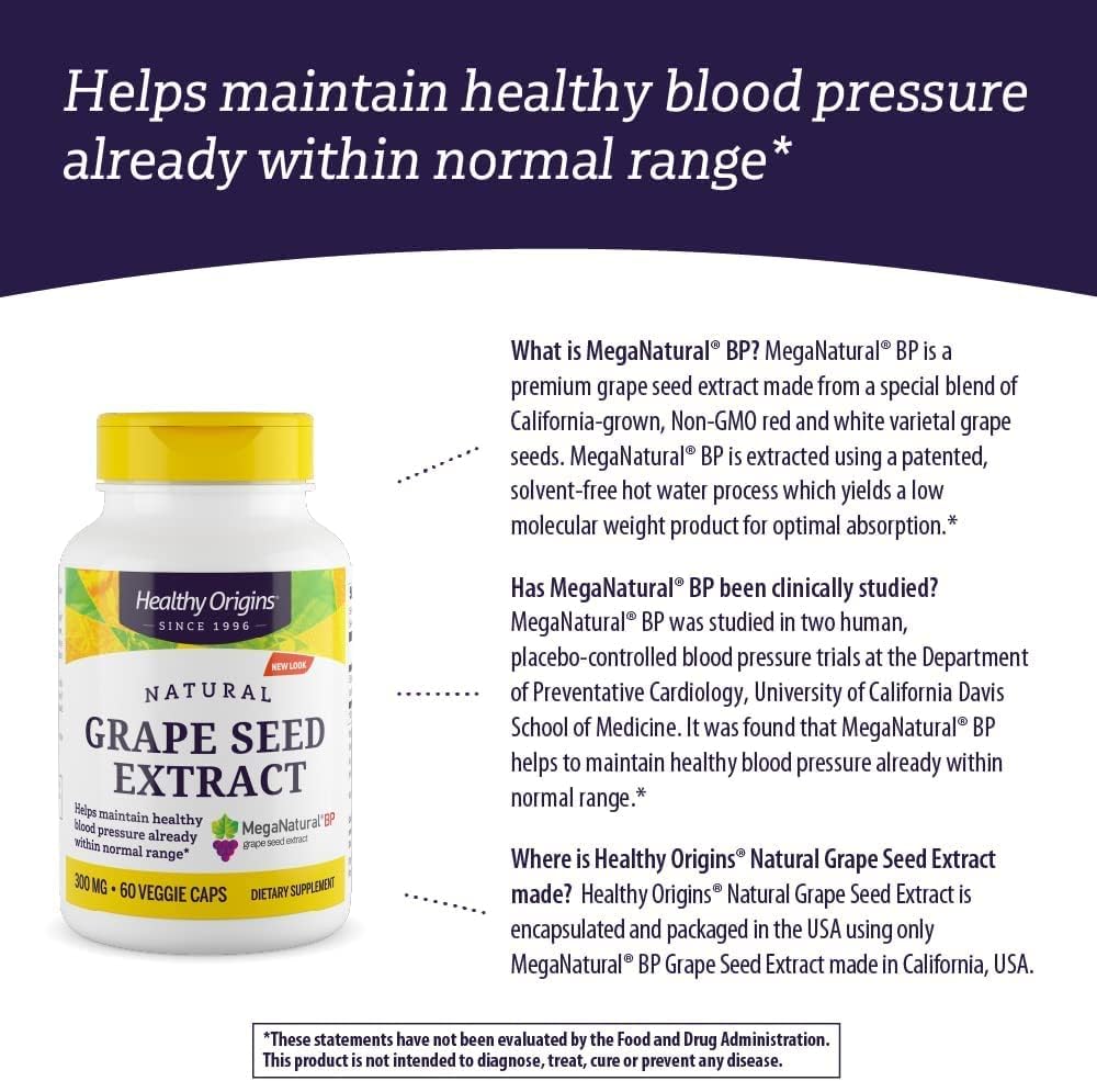 Healthy Origins MegaNatural BP-Grape Seed Extract, 300 mg - Blood Flow Support - Premium Grapeseed Extract Capsules - Non-GMO & Gluten-Free Supplement - 60 Veggie Capsules : Health & Household