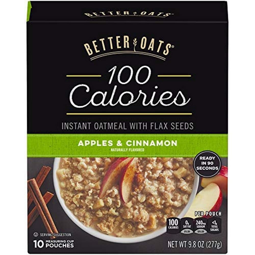 Better Oats 100 Calorie Apples and Cinnamon Oatmeal Packets, 100 Calorie Oatmeal Pouches with Flax Seeds and Natural Apple Cinnamon Flavor, Cooks in 90 Seconds, 10 pouches(Pack of 1), 9.8 OZ Pack