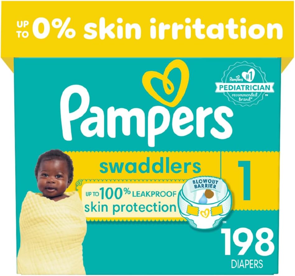 Pampers Swaddlers Diapers - Size 1, One Month Supply (198 Count), Ultra Soft Disposable Baby Diapers