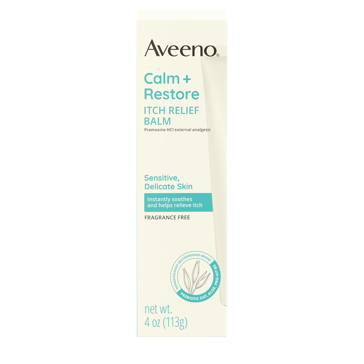 Aveeno Calm + Restore Itch Relief Body Balm For Sensitive, Delicate Skin, Pramoxine Hcl Anti Itch Balm With Prebiotic Oat, Aloe & Pro-Vitamin B5 To Sooth Skin, Fragrance Free, 4 Oz