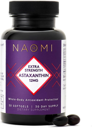 NAOMI Extra Strength Patented Astaxanthin 12mg Supplement from Alaskan Algae - Natural Support for Skin & Eye Health, Joint Support - Non-GMO, Gluten Free, 30 Softgels - 1 Month Supply