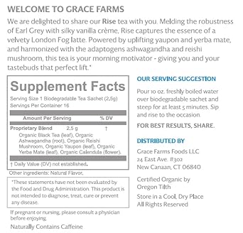 Grace Farms Rise Wellness Organic Tea Blend (16 Pyramid Sachets) | Morning Energy & Focus | Earl Grey Crème With Adaptogenic Mushrooms And Ashwagandha | Fairtrade And Kosher | Gives Back 100% Of Profits