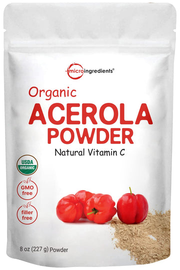 Organic Acerola Powder, 8oz | Natural Organic Vitamin C Superfood | No Sugar & Additives | Great Flavor for Drinks, Smoothie, & Beverages | Non-GMO & Vegan Friendly, Brazil Origin