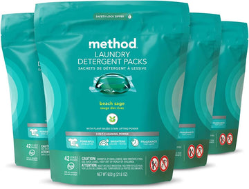 Method Laundry Detergent Packs; Beach Sage Scent; Plant-Based Stain Remover Solution That Works In Hot & Cold Water; 42 Packs Per Bag; 4 Pack (168 Loads); Packaging May Vary