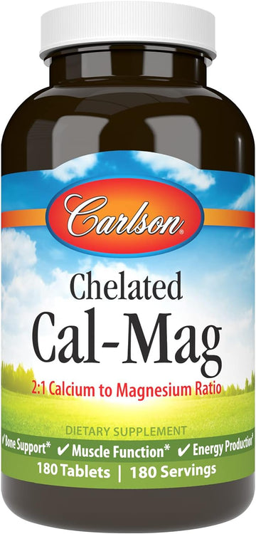 Carlson - Chelated Cal-Mag, 2:1 Calcium to Magnesium Ratio, Bone Support, Muscle Function & Energy Production, 180 Tablets