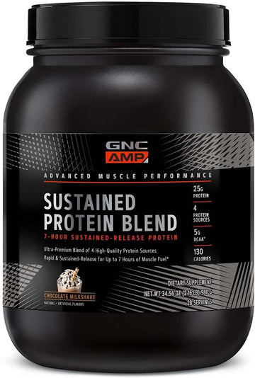 Gnc Amp Sustained Protein Blend | Targeted Muscle Building And Exercise Formula | 4 Protein Sources With Rapid & Sustained Release | Gluten Free | Chocolate Milkshake | 28 Servings