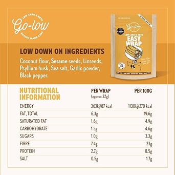 Go-Low Keto Wrap Mix - 1.5G Carbs, Low-Carb & Diabetic-Friendly. Sugar-Free, High Fibre, Wholefood Ingredients, Gluten-Free, Vegan & Paleo. No Additives - Just Simple Goodness. Soft & Flexible Wraps