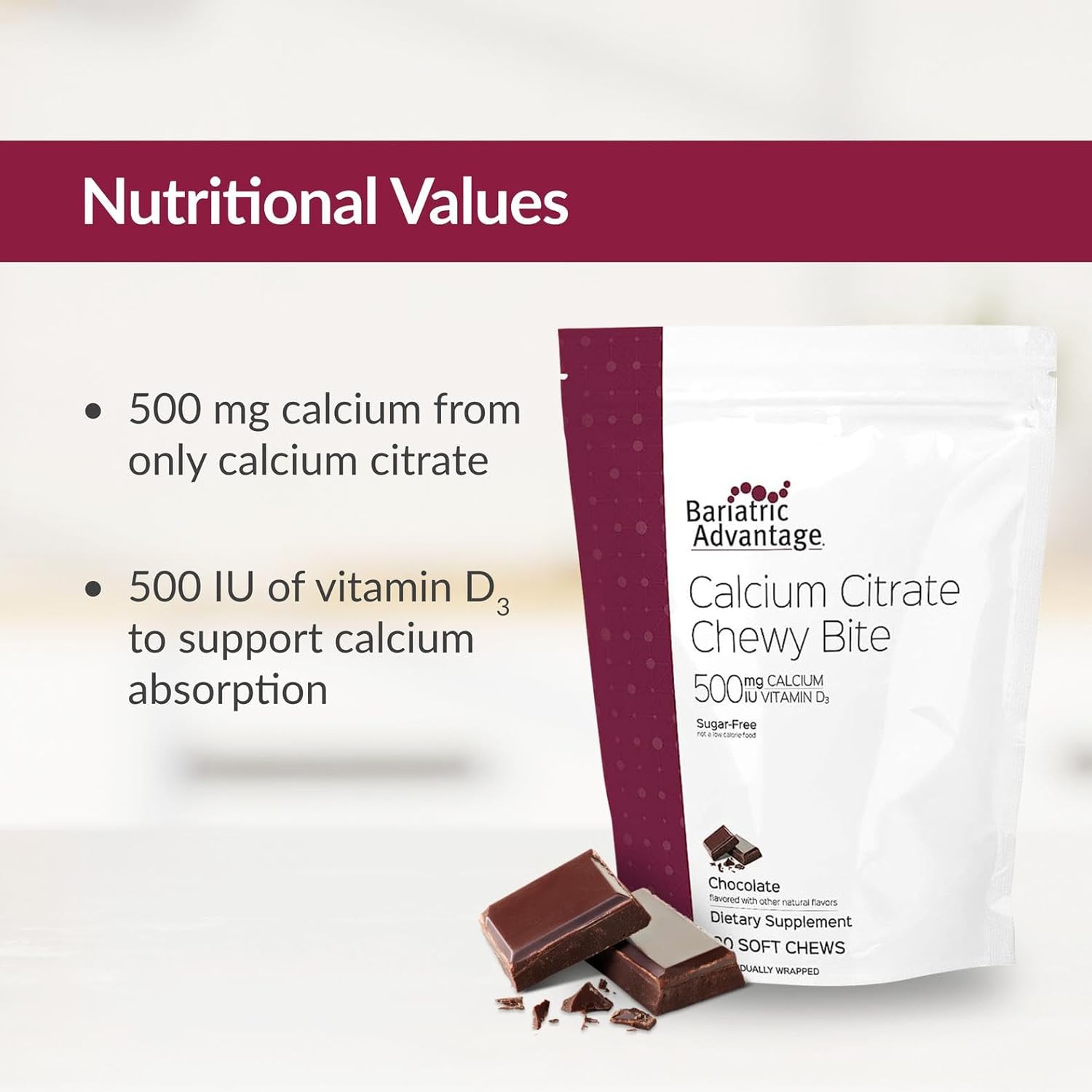 Bariatric Advantage Calcium Citrate Chewy Bites 500 Mg - For Bariatric Surgery Patients - Vitamin D3 - Sugar-Free Chewable Calcium Supplement - Bariatric Chews - Raspberry Flavor - 90 Count : Health & Household