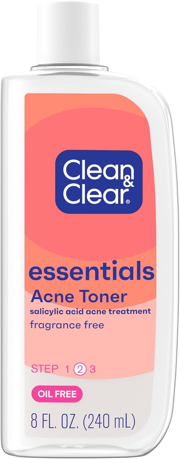 Clean & Clear Essentials Oil-Free Acne Toner, 2% Salicylic Acid Acne Treatment, Gentle Facial Toner For Pimples Cleanses Pores To Clear & Remove Blackheads, Fragrance Free, 8 Fl. Oz