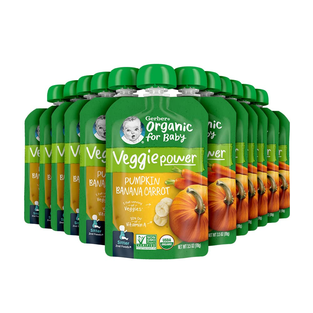 Gerber Organic Baby Food Pouches, 2nd Foods for Sitter, Veggie Power, Pumpkin Banana Carrot, 3.5 Ounce (Pack of 12)