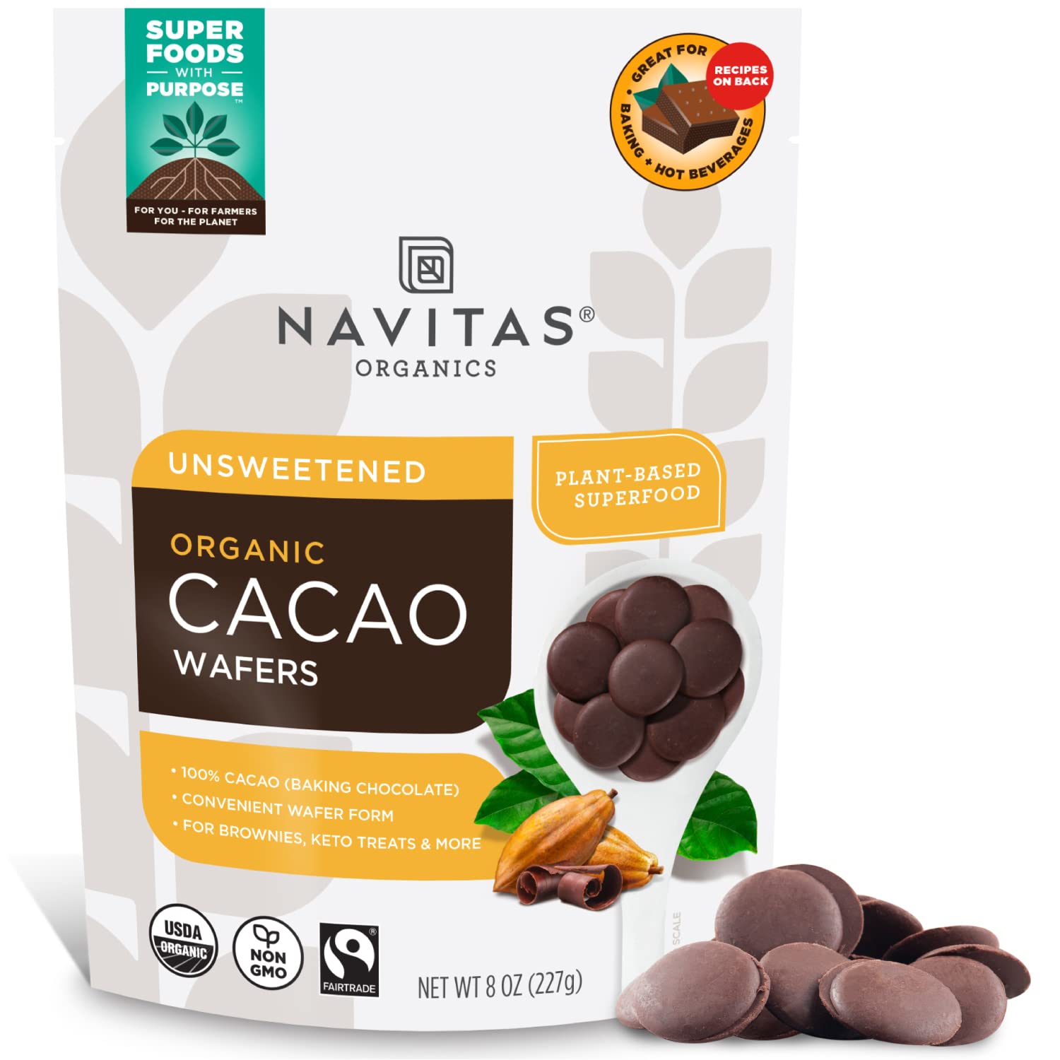 Navitas Organics Cacao Wafers, 8Oz, Unsweetened Baking Chocolate — Organic, Non-Gmo, Fairtrade, Gluten-Free