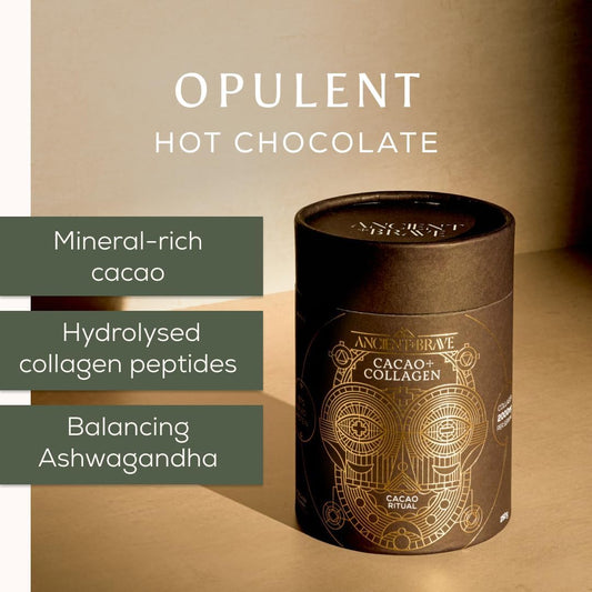 Ancient + Brave - Cacao + Collagen Powder 250G - Peruvian Raw Cacao Hot Chocolate With Grass-Fed Hydrolysed Bovine Collagen - Premium Blend Of Organic Cocoa, Ashwagandha & Baobab - High Protein, Keto