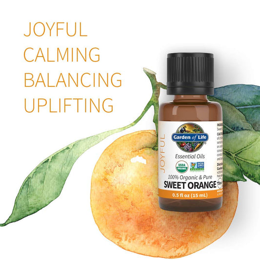 Garden Of Life Essential Oil Sweet Orange 100% Usda Organic & Pure, Clean, Undiluted & Non-Gmo For Diffuser, Aromatherapy, Meditation, Joyful, Calming, Balancing, Uplifting, 0.5 Fl Oz
