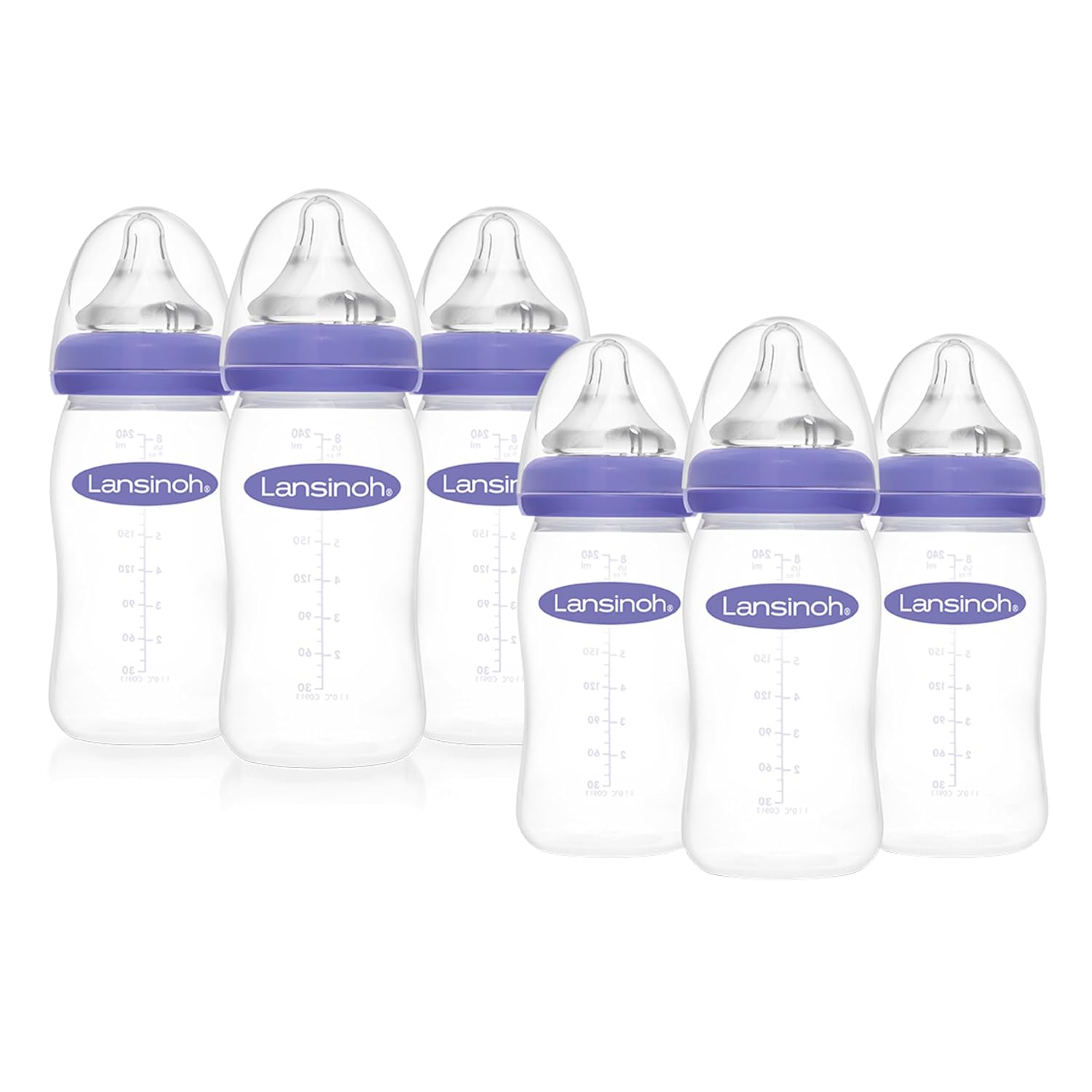 Lansinoh Anti-Colic Baby Bottles For Breastfeeding Babies, 8 Ounces, 6 Count, Includes 6 Medium Flow Nipples, Size M