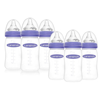 Lansinoh Anti-Colic Baby Bottles For Breastfeeding Babies, 8 Ounces, 6 Count, Includes 6 Medium Flow Nipples, Size M