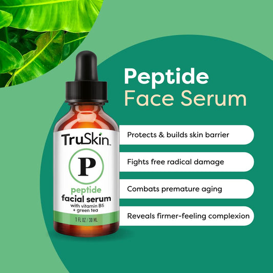 Truskin Peptide Serum For Face – With Collagen Boosting Peptides, Amino Acids, Green Tea, Aloe And Vitamins B5 & E, 1 Fl Oz