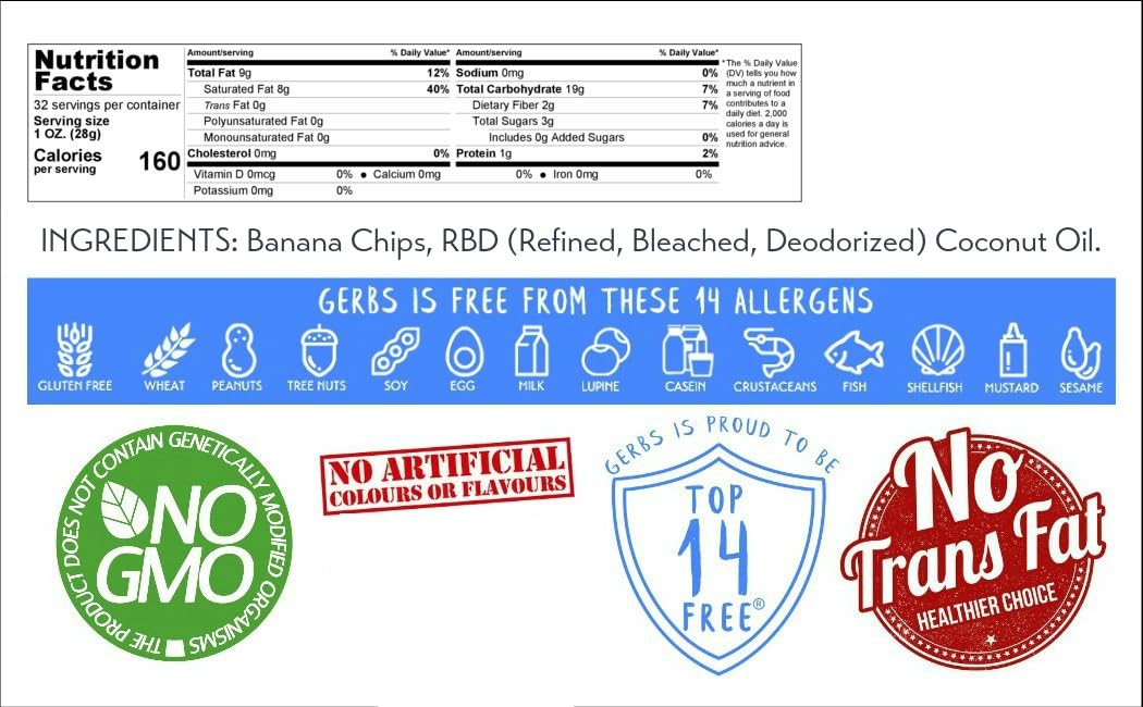 GERBS Unsweetened Banana Chip Slices 2 LBS. | Freshly made Re-Closeable Bag | Top 14 Food Allergy Free | Sulfur Dioxide Free | Excellent Source of Potassium & Magnesium | Gluten, Peanut, Tree Nut Free : Grocery & Gourmet Food
