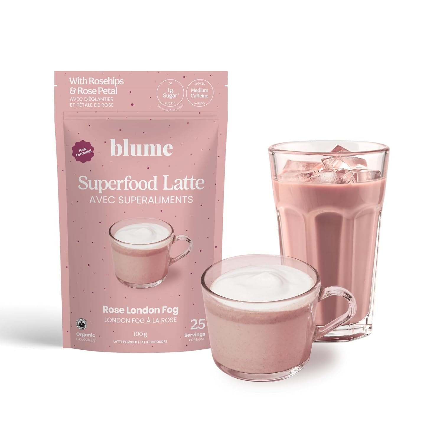 Blume Organic Rose London Fog Earl Grey Tea | Decaf Black Tea, Rose Petal Powder, Vanilla, Tart Cherry, And Bergamot | Plant Based Superfood Latte | Vegan Gluten Free Drink | 25 Servings