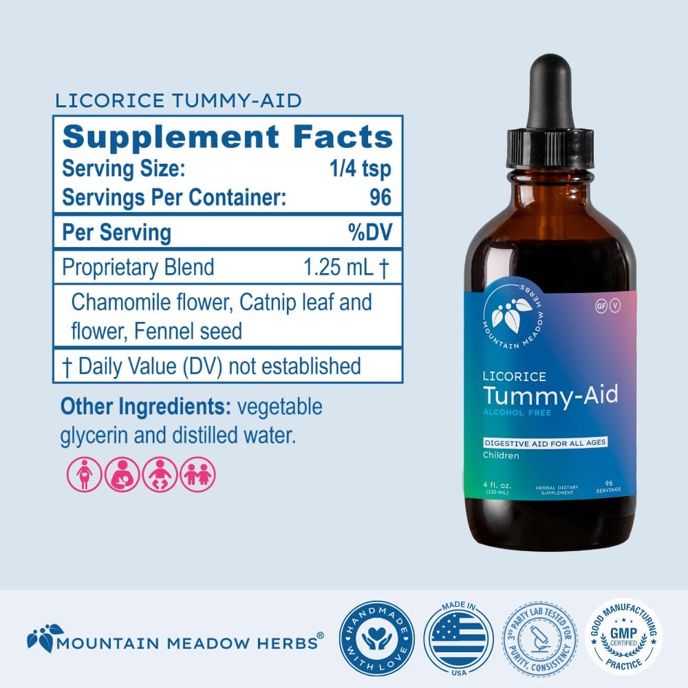 Mountain Meadow Herbs Licorice Tummy-Aid For Babies & Kids – Gas Relief Drops For Colic, Upset Stomach, Reflux & Bloating – Natural, Alcohol-Free Liquid Formula – 4 Oz : Health & Household
