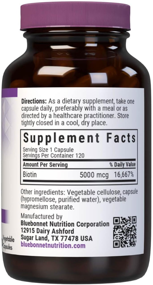 Bluebonnet Nutrition Biotin 5000 Mcg, Hair & Nail Support*, Non-Gmo, Vegan, Kosher Certified, Gluten-Free, Soy-Free, Dairy-Free, 120 Vegetable Capsules, 120 Servings