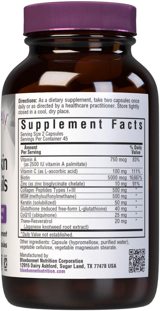 Bluebonnet Nutrition Beautiful Ally Hair, Skin & Nails, Hydrolyzed Collagen From Grass Fed Cows, Collagen Peptides Type 1 & 3, Non Gmo, Gluten Free, Soy Free, Milk Free, 90 Vegetable Capsules