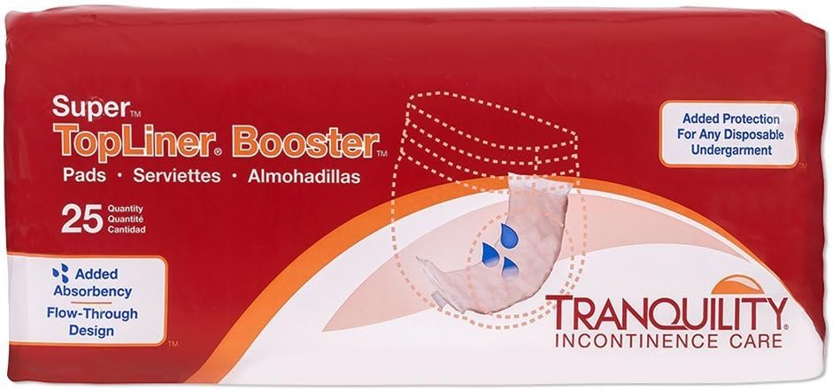 Tranquility Topliner Disposable Booster Pads, Super (15" X 4.25"), Flow-Through Design With Adhesive Strip For Max Absorption, Adult Unisex, 25Ct Bag