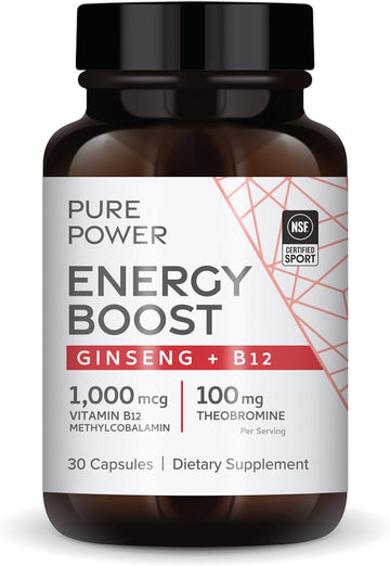 Dr. Mercola Pure Power Energy Boost, 30 Servings (30 Capsules), Ginseng + B12, Dietary Supplement, Boosts Physical & Mental Energy, Non-GMO