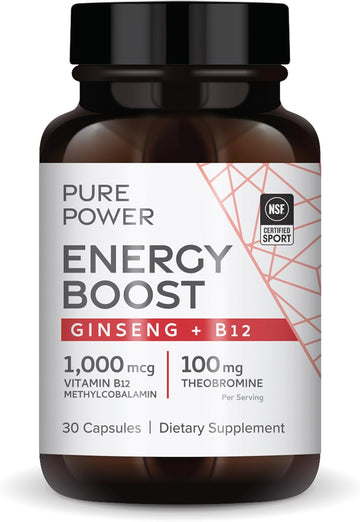 Dr. Mercola Pure Power Energy Boost, 30 Servings (30 Capsules), Ginseng + B12, Dietary Supplement, Boosts Physical & Mental Energy, Non-Gmo